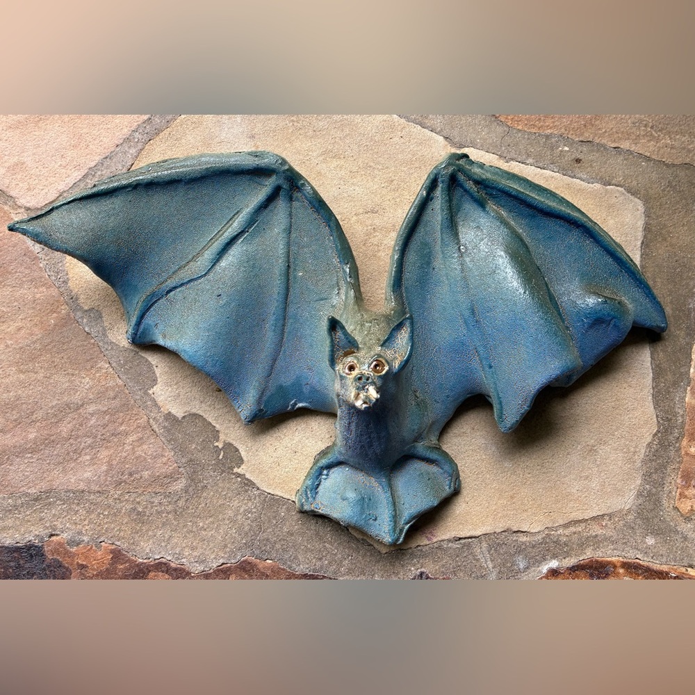 Handmade Ceramic Bat Wall Sculpture Signed “Barnett” | Blue Green Crackle Glaze